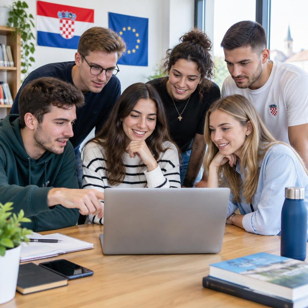 Diverse group of young people collaborating around a laptop