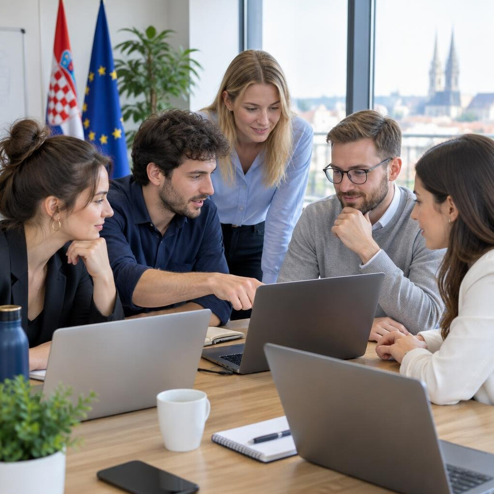 Small team discussing content around a table with laptops